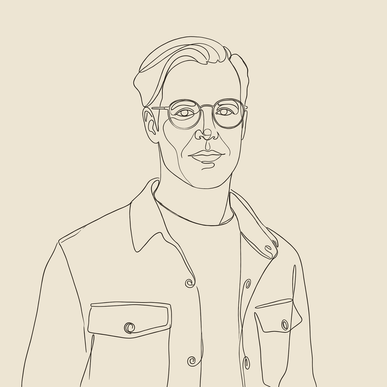 Single-line drawing of Cody Lampman in round glasses and a collared jacket